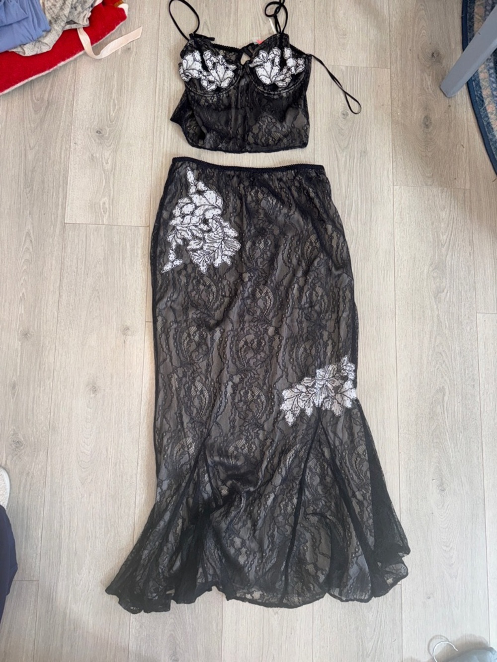 Free People Black Lace Two-Piece Set with White Floral Appliqué